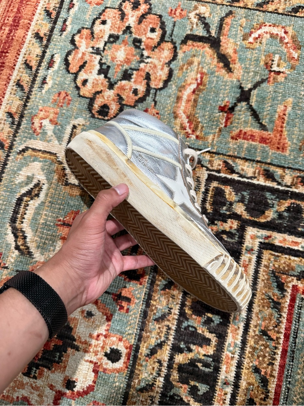 Golden Goose Silver Metallic High-Top Sneakers with Cream Laces and Gold Trim - Picture 3 of 4